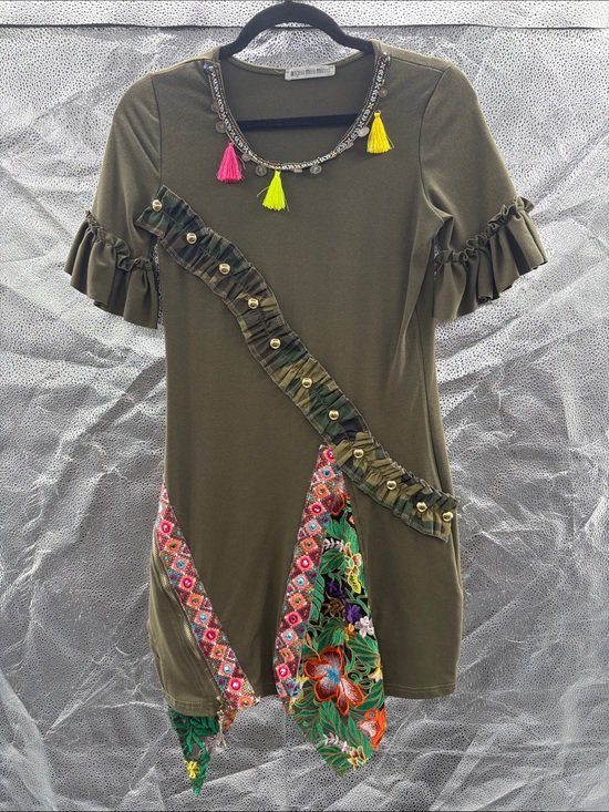 Dresses & Skirts - Angela Mele Milano Olive Green Embellished Women's Dress with Tassel Detail